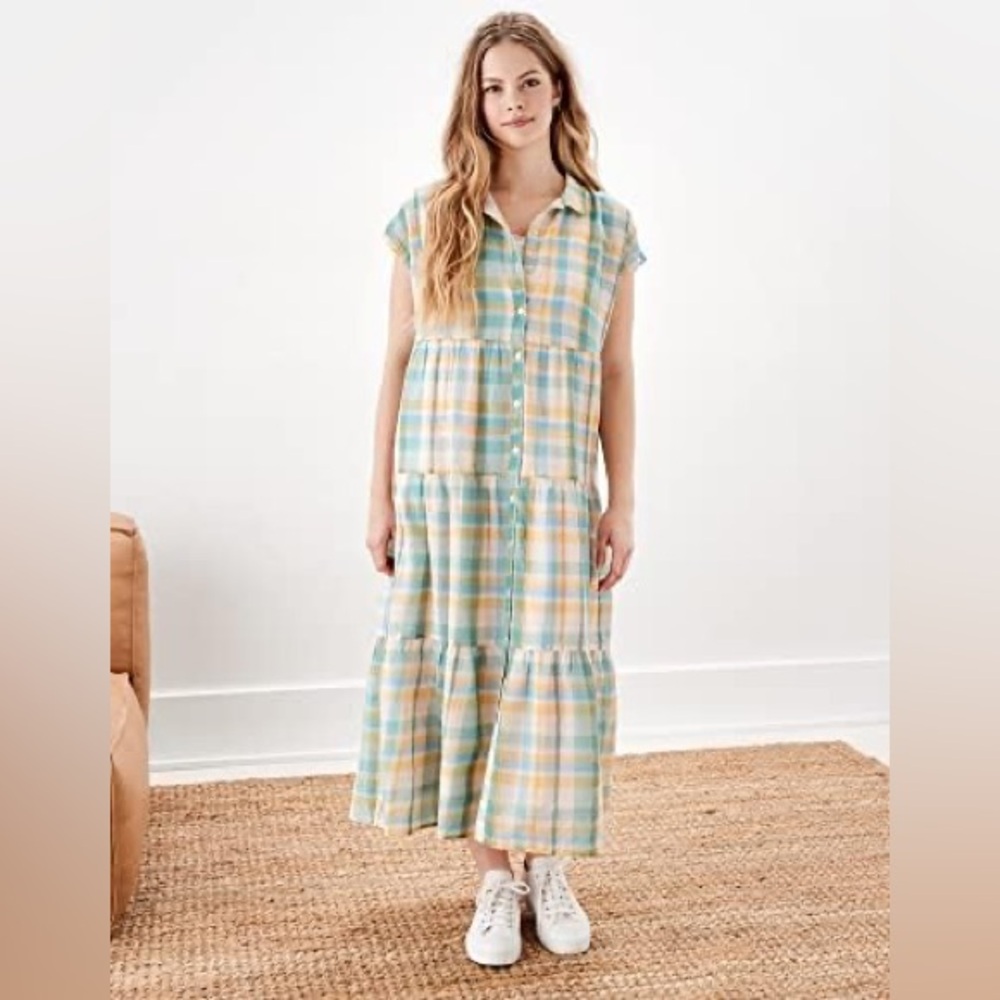 American Eagle Blue Green Yellow Plaid Midi Dress